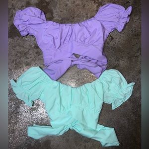 2 Piece Short Sleeve Scoop Neck Ruffle Bow Tie Back Crop Top